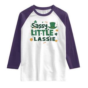 Funny St Patrick's Day Sassy Little Lassie Raglan Shirt Shamrock TS11 White Purple Print Your Wear