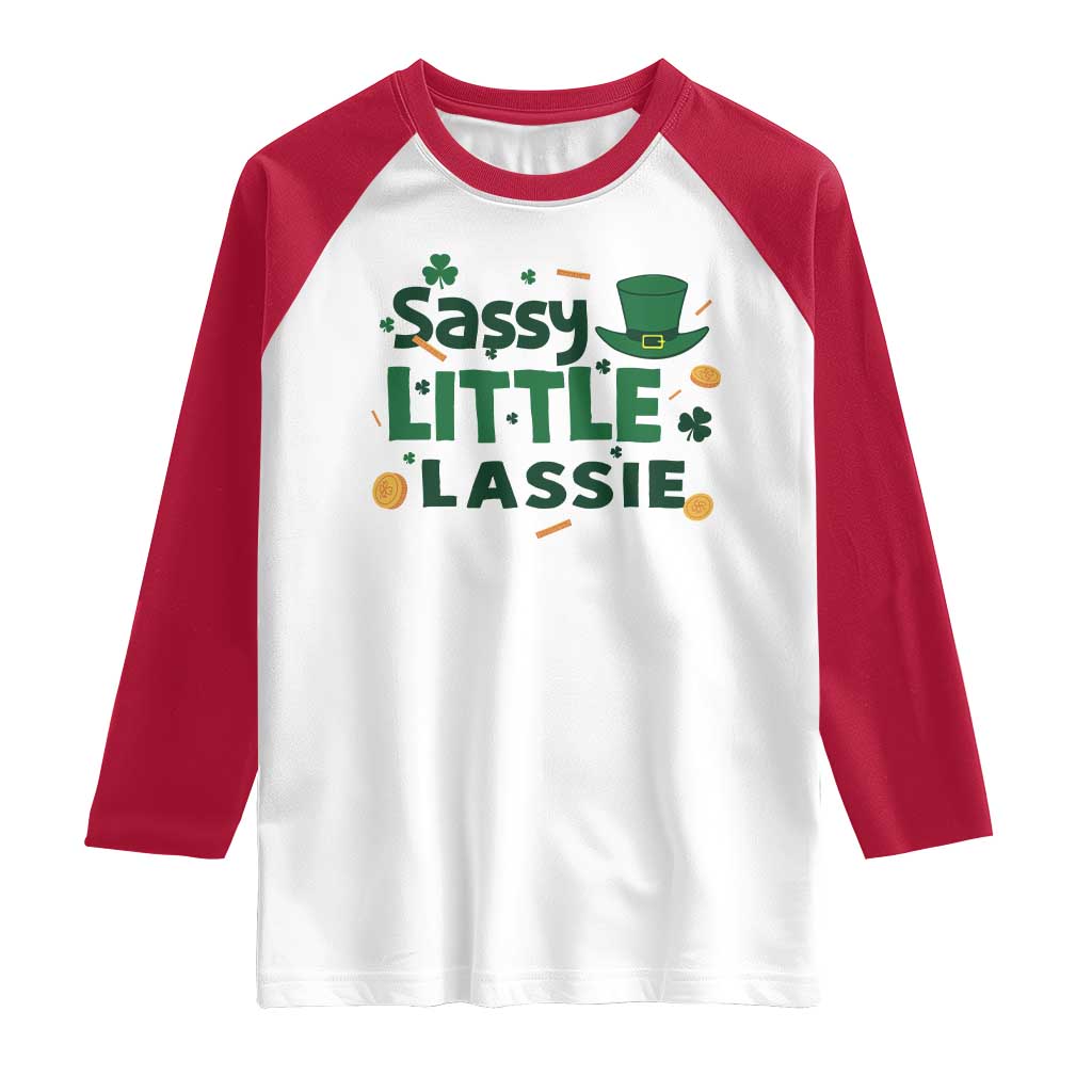 Funny St Patrick's Day Sassy Little Lassie Raglan Shirt Shamrock TS11 White Red Print Your Wear