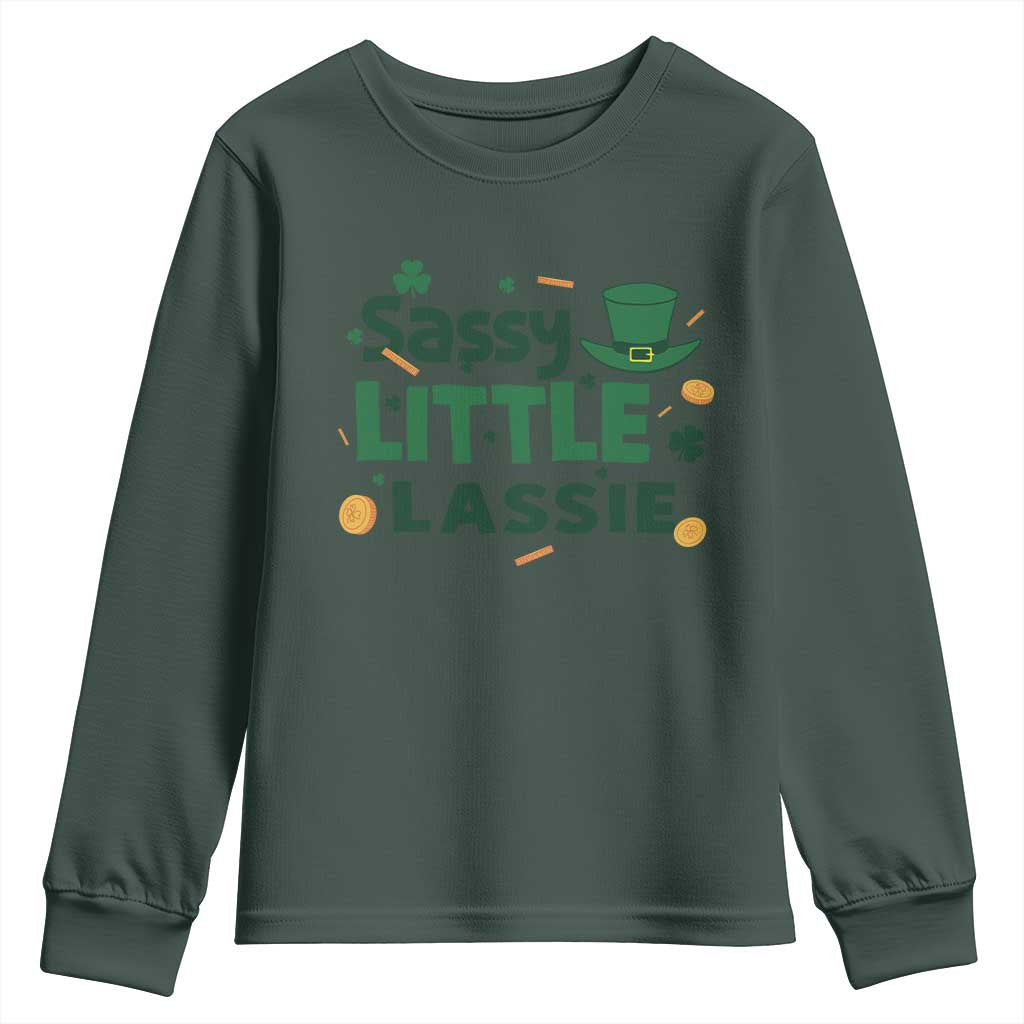 Funny St Patrick's Day Sassy Little Lassie Youth Sweatshirt Shamrock TS11 Dark Forest Green Print Your Wear