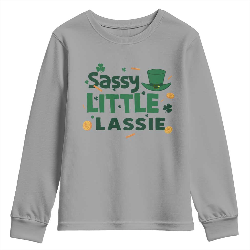 Funny St Patrick's Day Sassy Little Lassie Youth Sweatshirt Shamrock TS11 Sport Gray Print Your Wear