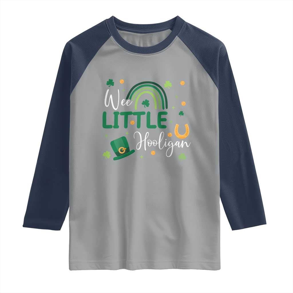 Funny Wee Little Hooligan Raglan Shirt St Patrick's Day Shamrock Rainbow TS11 Sport Gray Navy Print Your Wear
