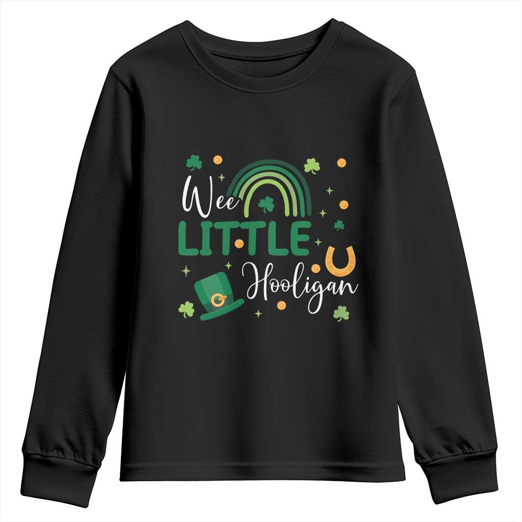 Funny Wee Little Hooligan Youth Sweatshirt St Patrick's Day Shamrock Rainbow TS11 Black Print Your Wear
