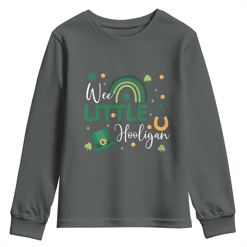 Funny Wee Little Hooligan Youth Sweatshirt St Patrick's Day Shamrock Rainbow TS11 Dark Heather Print Your Wear