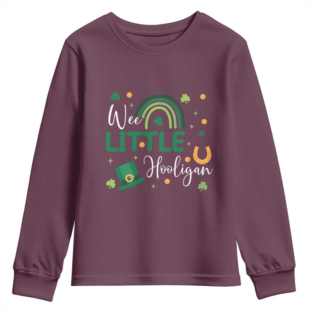 Funny Wee Little Hooligan Youth Sweatshirt St Patrick's Day Shamrock Rainbow TS11 Maroon Print Your Wear