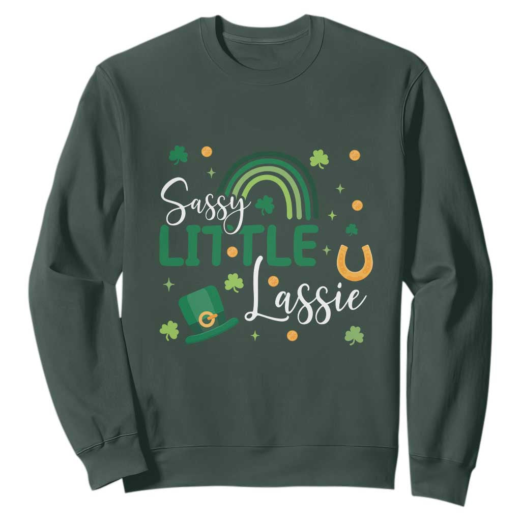 Funny Sassy Little Lassie Sweatshirt St Patrick's Day Shamrock Rainbow TS11 Dark Forest Green Print Your Wear