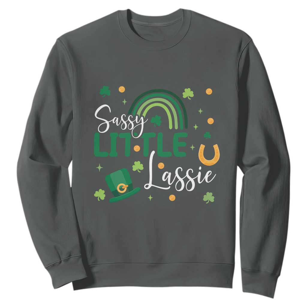 Funny Sassy Little Lassie Sweatshirt St Patrick's Day Shamrock Rainbow TS11 Dark Heather Print Your Wear