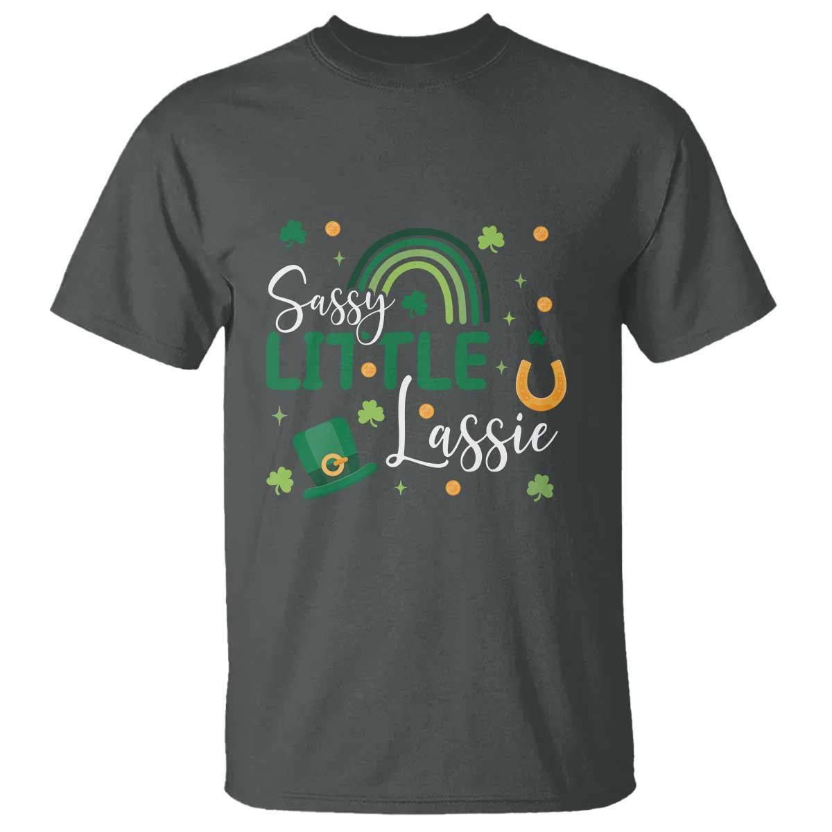 Funny Sassy Little Lassie T Shirt St Patrick's Day Shamrock Rainbow TS11 Dark Heather Print Your Wear