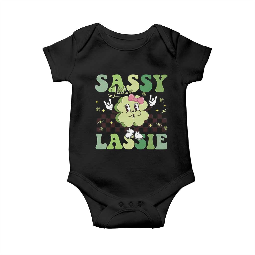 Funny St Patrick's Day Sassy Little Lassie Baby Onesie Retro Groovy Clover TS11 Black Print Your Wear