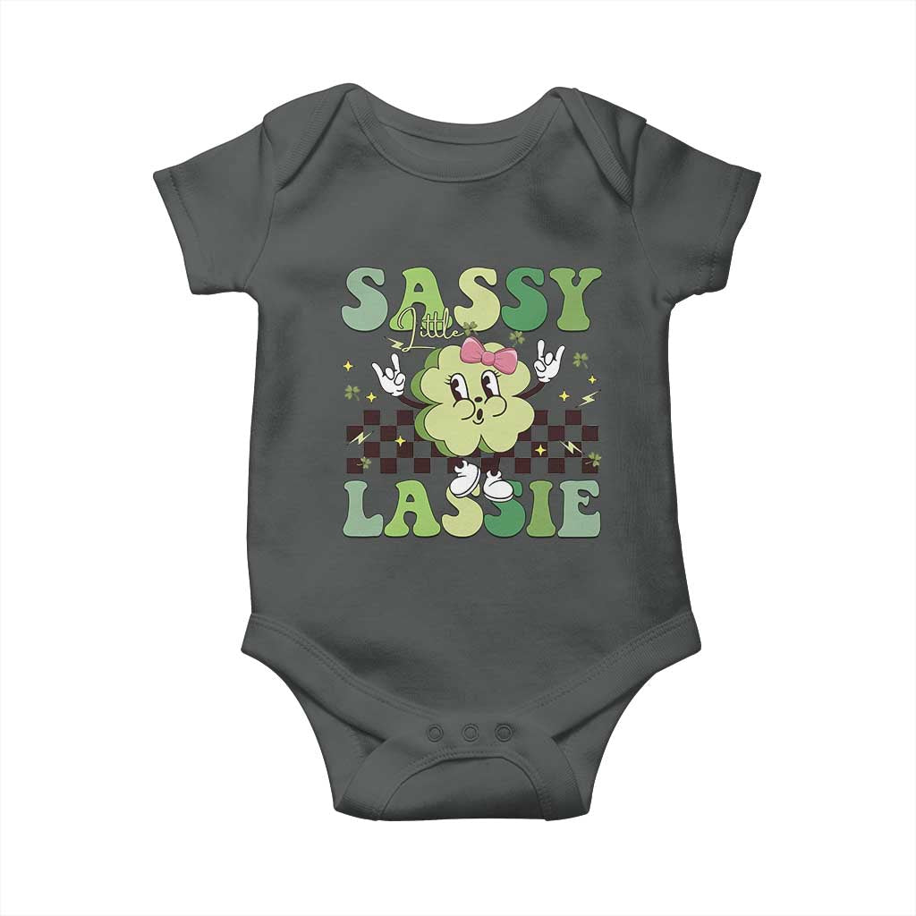 Funny St Patrick's Day Sassy Little Lassie Baby Onesie Retro Groovy Clover TS11 Dark Heather Print Your Wear