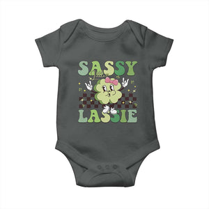 Funny St Patrick's Day Sassy Little Lassie Baby Onesie Retro Groovy Clover TS11 Dark Heather Print Your Wear