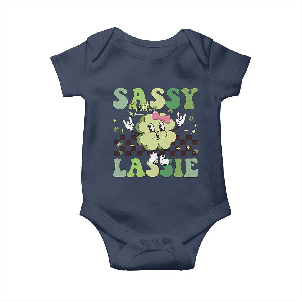 Funny St Patrick's Day Sassy Little Lassie Baby Onesie Retro Groovy Clover TS11 Navy Print Your Wear