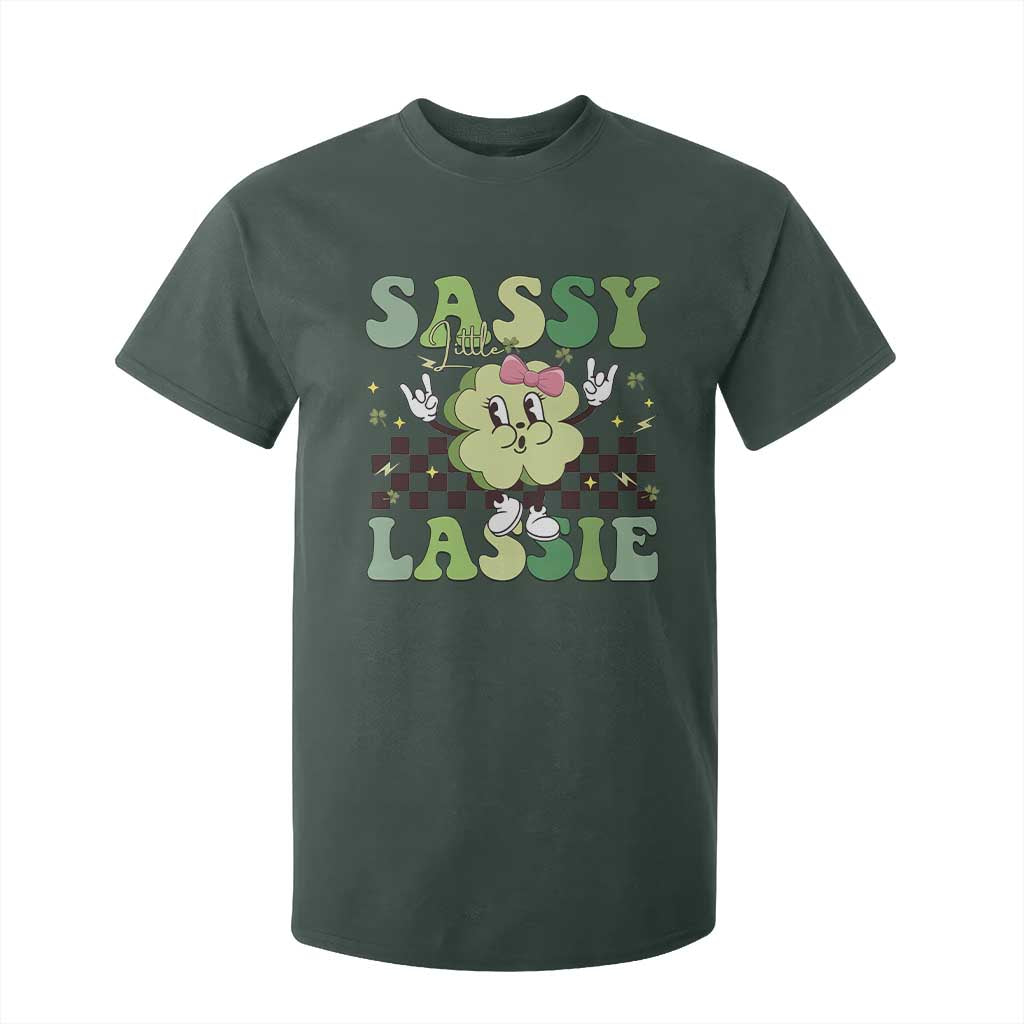 Funny St Patrick's Day Sassy Little Lassie T Shirt For Kid Retro Groovy Clover TS11 Dark Forest Green Print Your Wear
