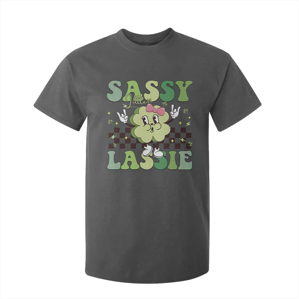 Funny St Patrick's Day Sassy Little Lassie T Shirt For Kid Retro Groovy Clover TS11 Dark Heather Print Your Wear