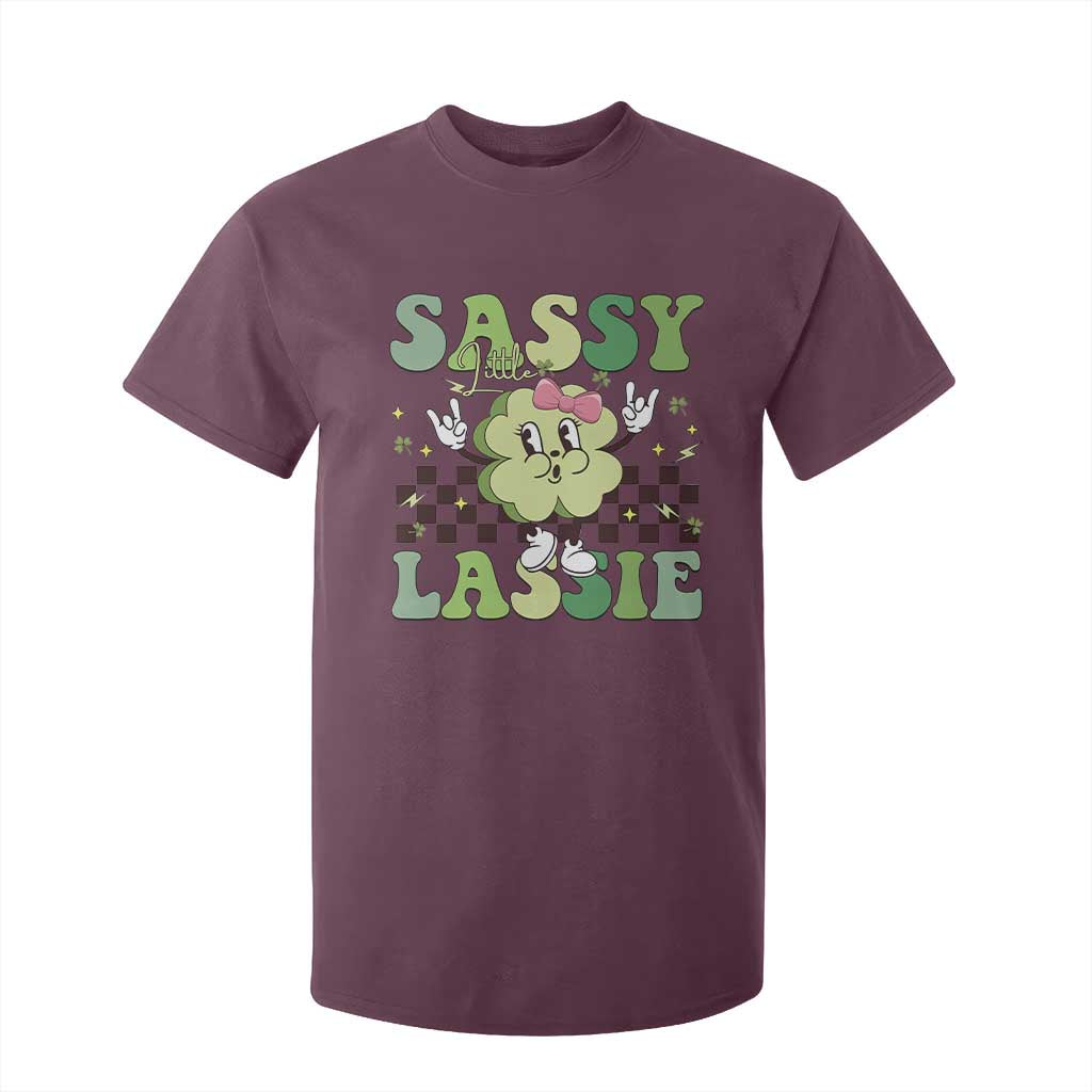 Funny St Patrick's Day Sassy Little Lassie T Shirt For Kid Retro Groovy Clover TS11 Maroon Print Your Wear