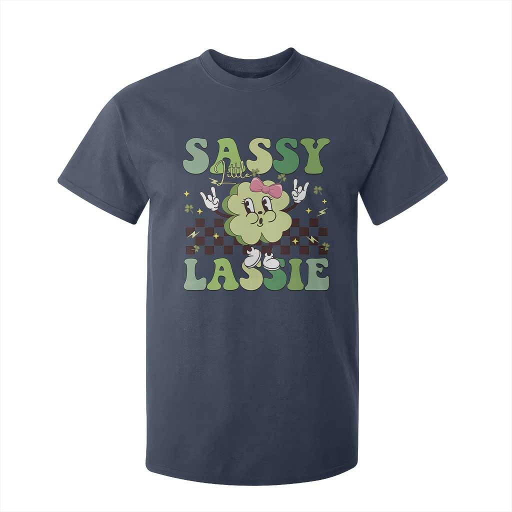 Funny St Patrick's Day Sassy Little Lassie T Shirt For Kid Retro Groovy Clover TS11 Navy Print Your Wear