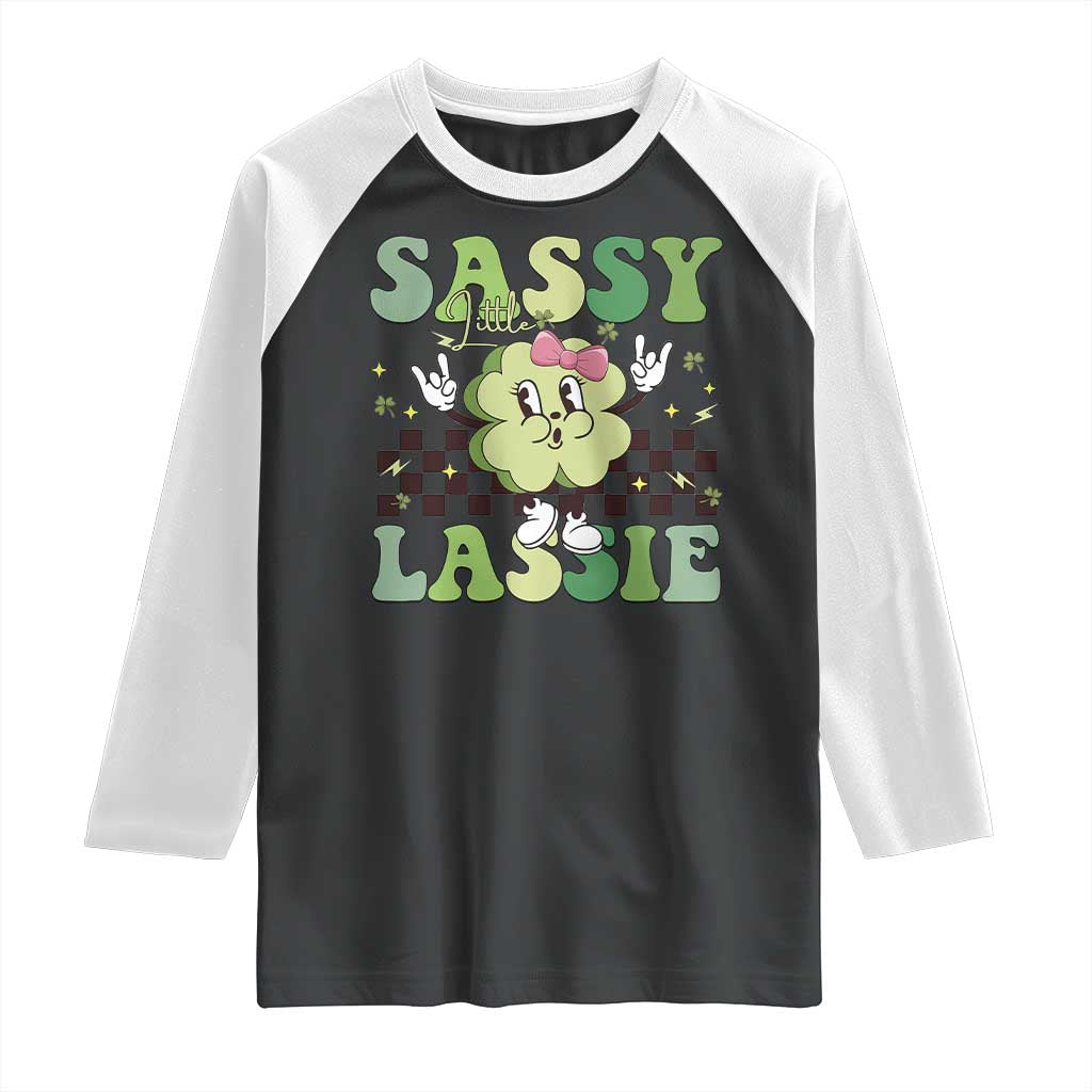 Funny St Patrick's Day Sassy Little Lassie Raglan Shirt Retro Groovy Clover TS11 Black White Print Your Wear