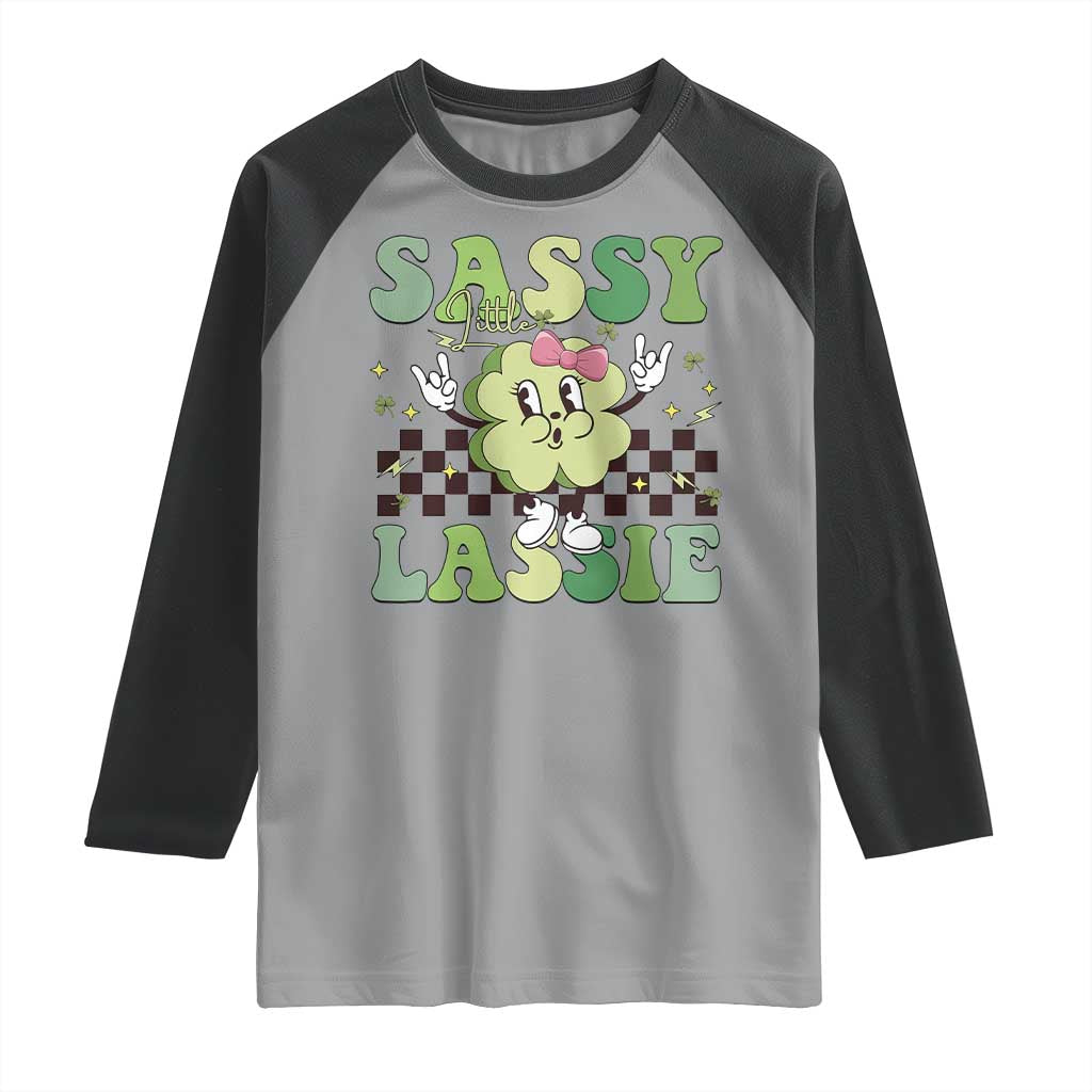 Funny St Patrick's Day Sassy Little Lassie Raglan Shirt Retro Groovy Clover TS11 Sport Gray Black Print Your Wear