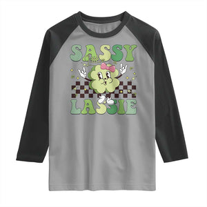 Funny St Patrick's Day Sassy Little Lassie Raglan Shirt Retro Groovy Clover TS11 Sport Gray Black Print Your Wear