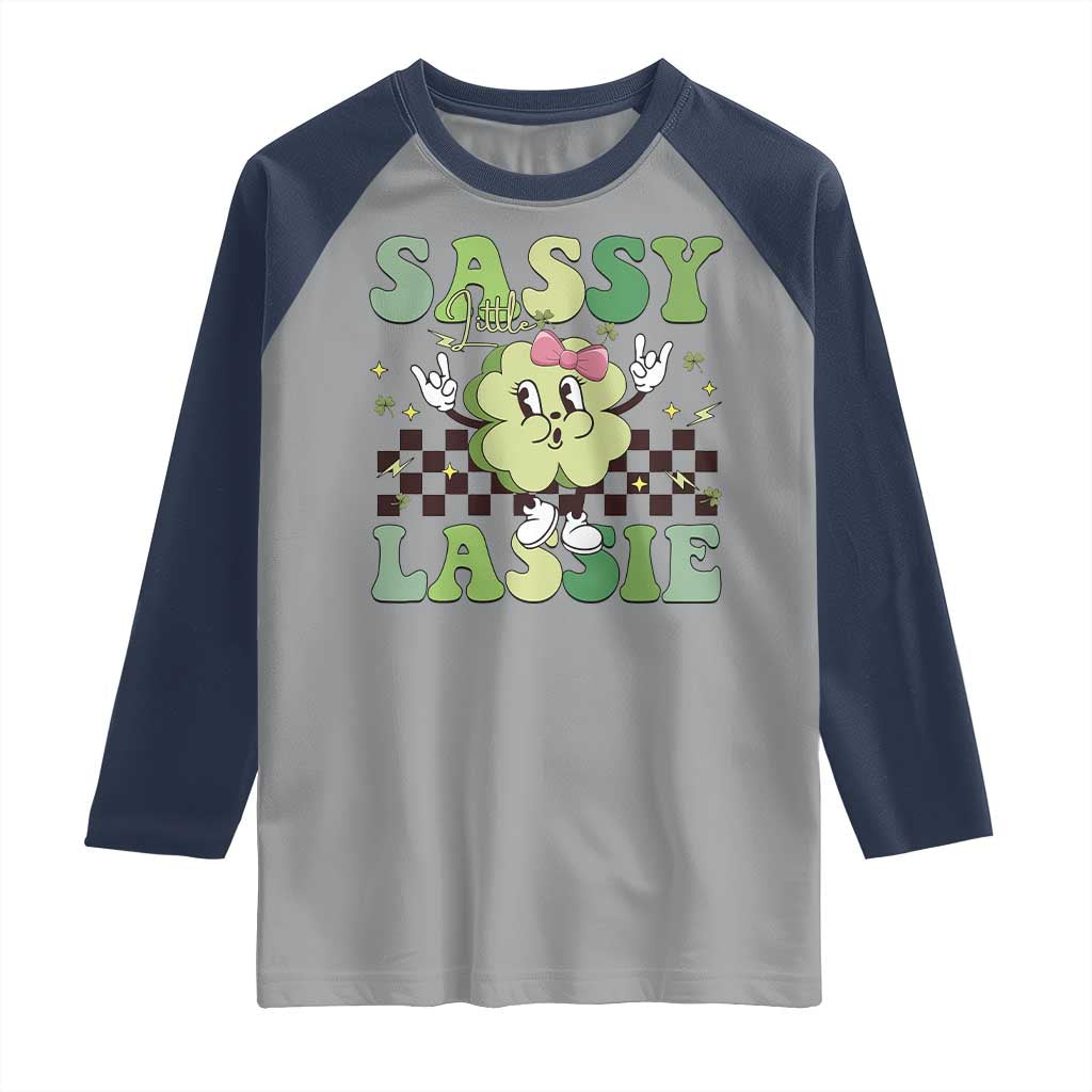 Funny St Patrick's Day Sassy Little Lassie Raglan Shirt Retro Groovy Clover TS11 Sport Gray Navy Print Your Wear