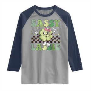 Funny St Patrick's Day Sassy Little Lassie Raglan Shirt Retro Groovy Clover TS11 Sport Gray Navy Print Your Wear