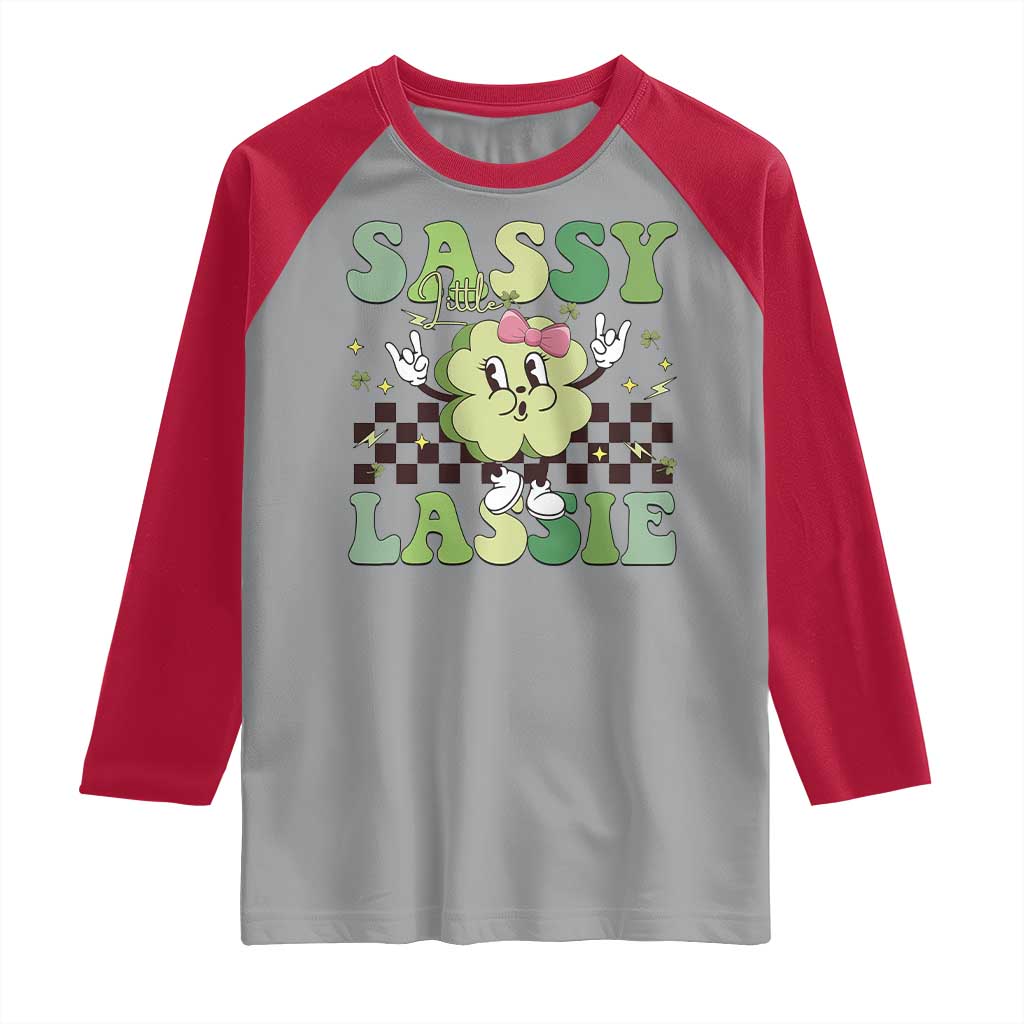Funny St Patrick's Day Sassy Little Lassie Raglan Shirt Retro Groovy Clover TS11 Sport Gray Red Print Your Wear