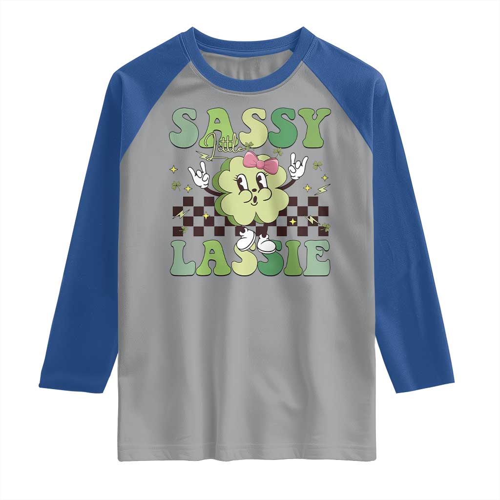 Funny St Patrick's Day Sassy Little Lassie Raglan Shirt Retro Groovy Clover TS11 Sport Gray Royal Print Your Wear