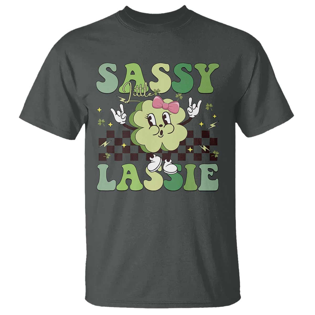 Funny St Patrick's Day Sassy Little Lassie T Shirt Retro Groovy Clover TS11 Dark Heather Print Your Wear