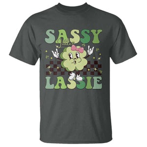Funny St Patrick's Day Sassy Little Lassie T Shirt Retro Groovy Clover TS11 Dark Heather Print Your Wear
