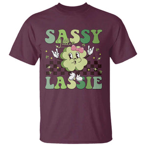 Funny St Patrick's Day Sassy Little Lassie T Shirt Retro Groovy Clover TS11 Maroon Print Your Wear