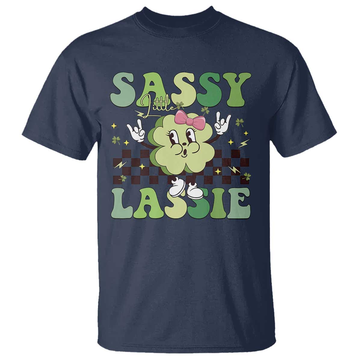 Funny St Patrick's Day Sassy Little Lassie T Shirt Retro Groovy Clover TS11 Navy Print Your Wear