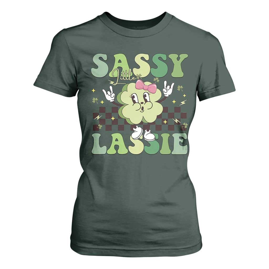 Funny St Patrick's Day Sassy Little Lassie T Shirt For Women Retro Groovy Clover TS11 Dark Forest Green Print Your Wear