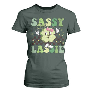 Funny St Patrick's Day Sassy Little Lassie T Shirt For Women Retro Groovy Clover TS11 Dark Forest Green Print Your Wear