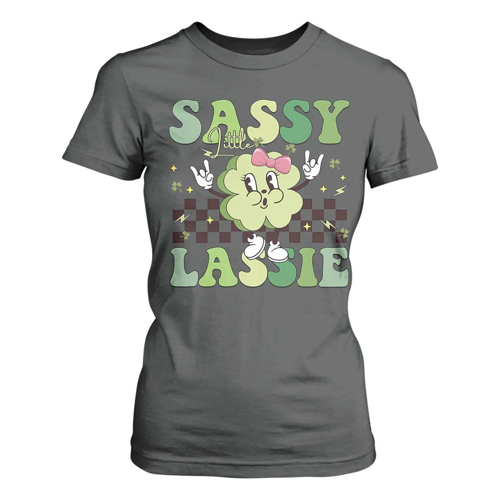 Funny St Patrick's Day Sassy Little Lassie T Shirt For Women Retro Groovy Clover TS11 Dark Heather Print Your Wear