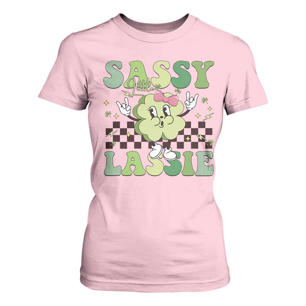 Funny St Patrick's Day Sassy Little Lassie T Shirt For Women Retro Groovy Clover TS11 Light Pink Print Your Wear