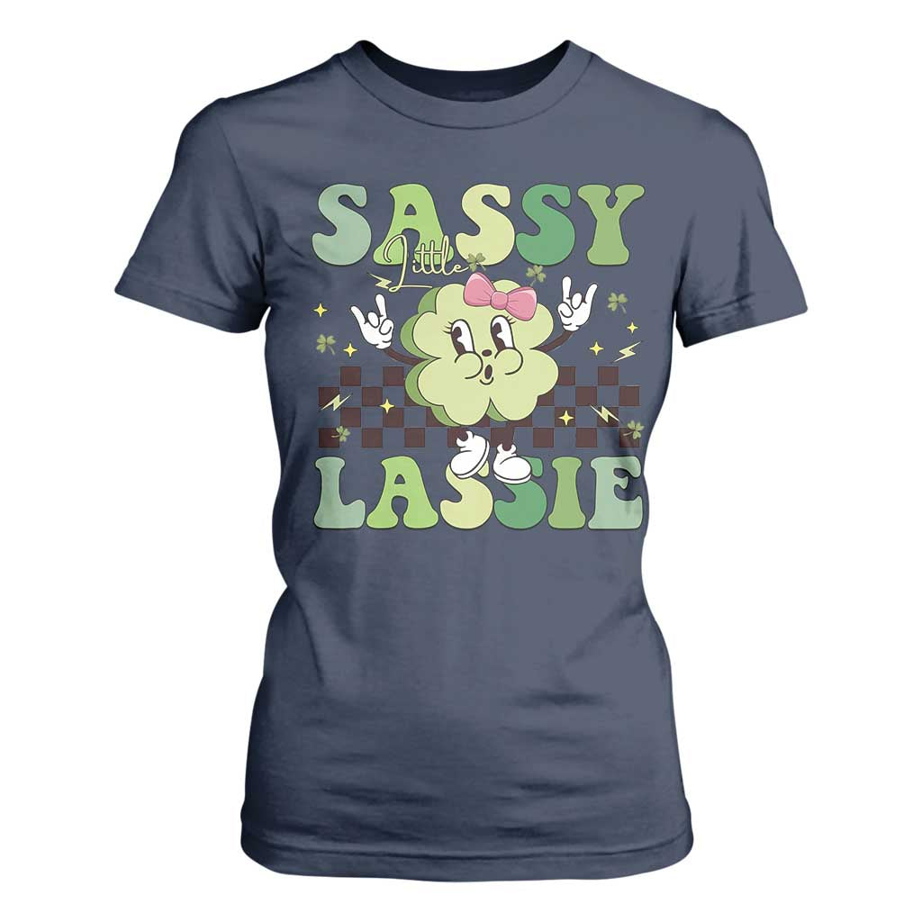 Funny St Patrick's Day Sassy Little Lassie T Shirt For Women Retro Groovy Clover TS11 Navy Print Your Wear