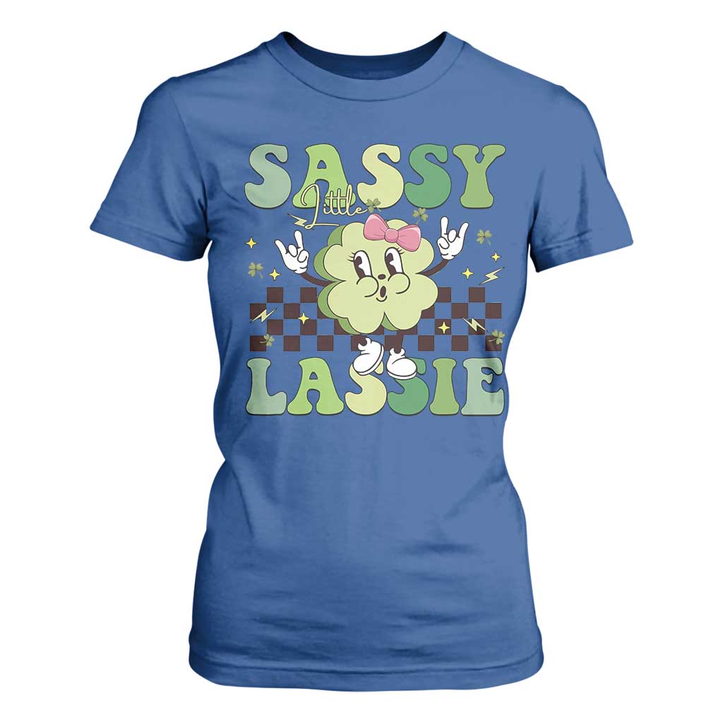 Funny St Patrick's Day Sassy Little Lassie T Shirt For Women Retro Groovy Clover TS11 Royal Blue Print Your Wear