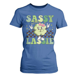 Funny St Patrick's Day Sassy Little Lassie T Shirt For Women Retro Groovy Clover TS11 Royal Blue Print Your Wear