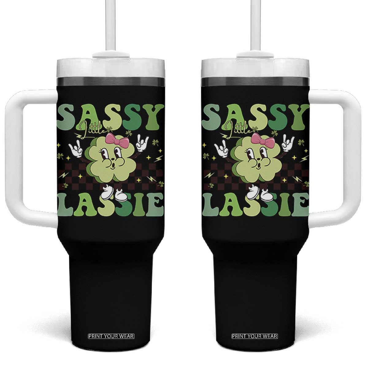 Funny St Patrick's Day Sassy Little Lassie Tumbler With Handle Retro Groovy Clover TS11 One Size: 40 oz Black Print Your Wear