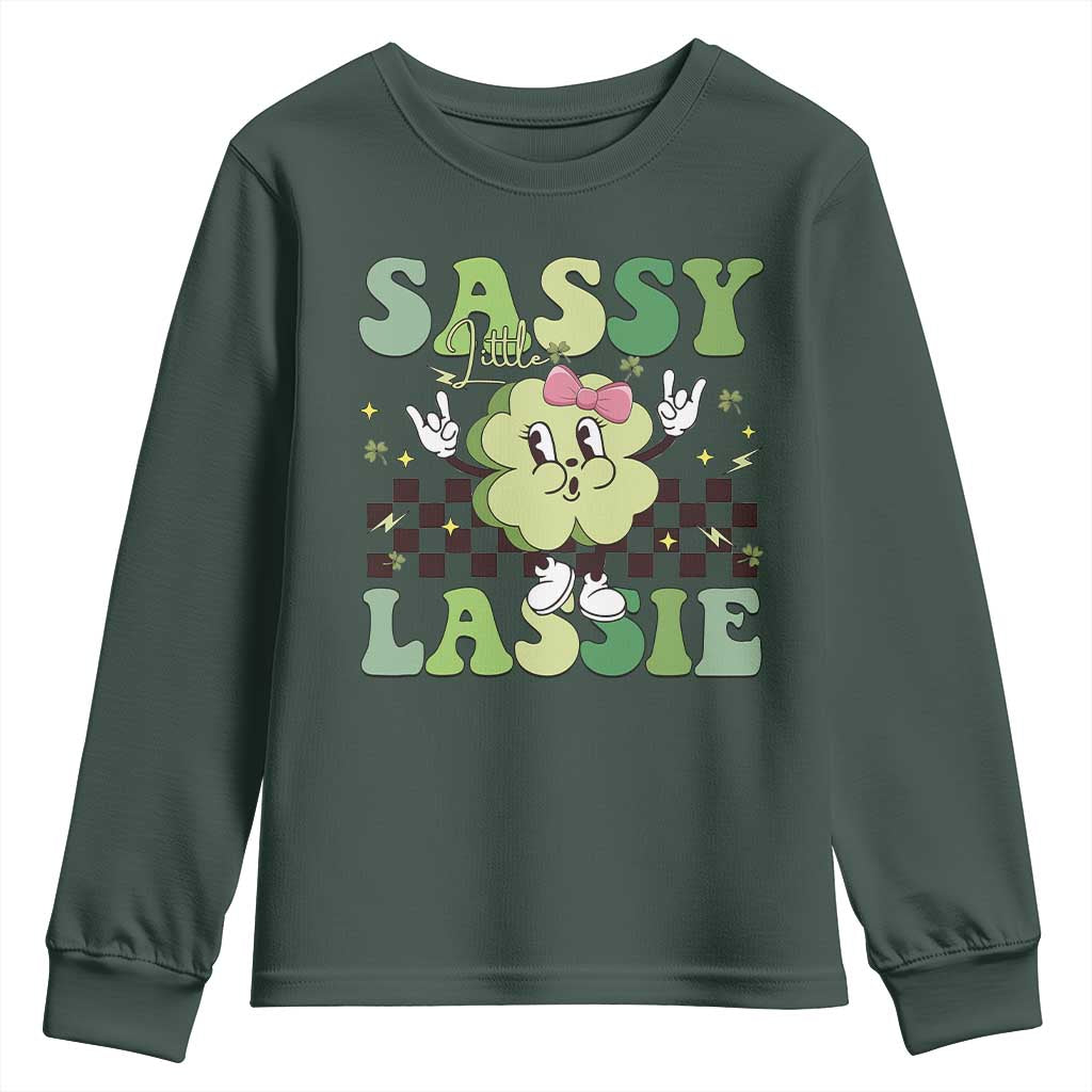 Funny St Patrick's Day Sassy Little Lassie Youth Sweatshirt Retro Groovy Clover TS11 Dark Forest Green Print Your Wear
