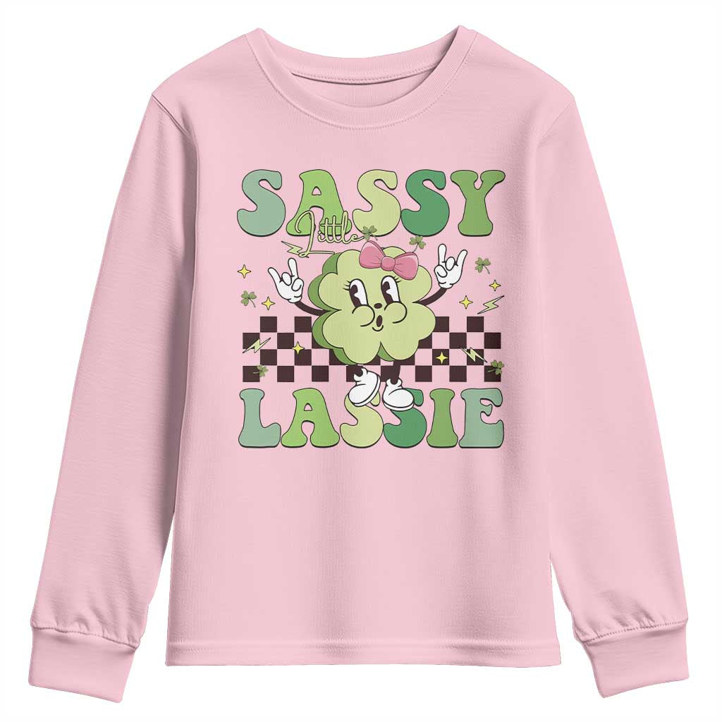Funny St Patrick's Day Sassy Little Lassie Youth Sweatshirt Retro Groovy Clover TS11 Light Pink Print Your Wear
