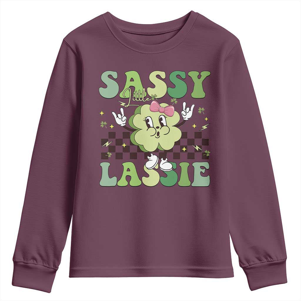 Funny St Patrick's Day Sassy Little Lassie Youth Sweatshirt Retro Groovy Clover TS11 Maroon Print Your Wear