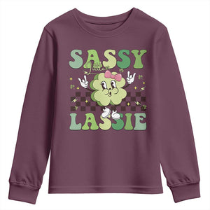 Funny St Patrick's Day Sassy Little Lassie Youth Sweatshirt Retro Groovy Clover TS11 Maroon Print Your Wear