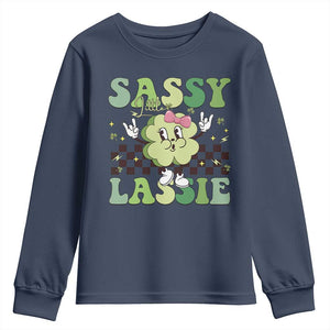 Funny St Patrick's Day Sassy Little Lassie Youth Sweatshirt Retro Groovy Clover TS11 Navy Print Your Wear