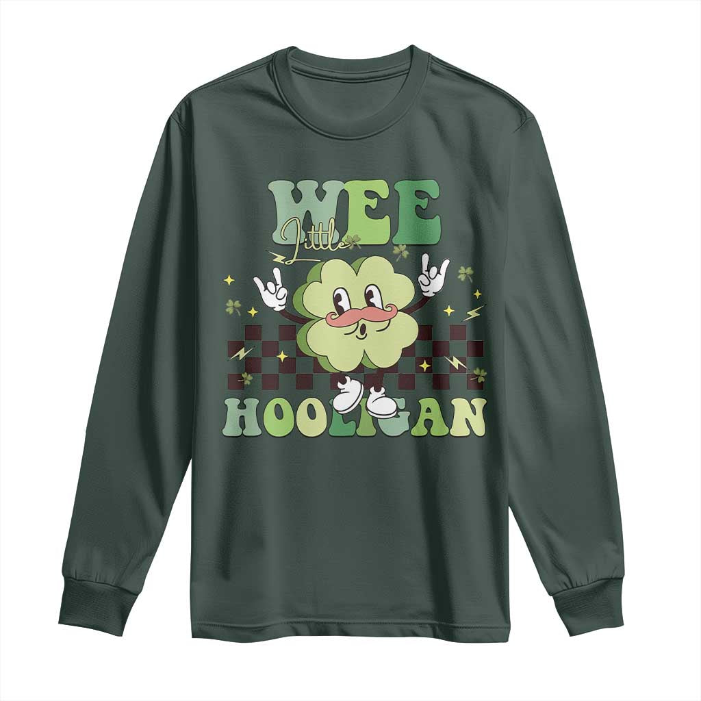 Funny St Patrick's Day Wee Little Hooligan Long Sleeve Shirt Retro Groovy Clover TS11 Dark Forest Green Print Your Wear