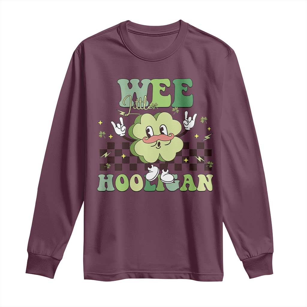 Funny St Patrick's Day Wee Little Hooligan Long Sleeve Shirt Retro Groovy Clover TS11 Maroon Print Your Wear