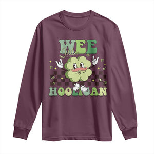 Funny St Patrick's Day Wee Little Hooligan Long Sleeve Shirt Retro Groovy Clover TS11 Maroon Print Your Wear