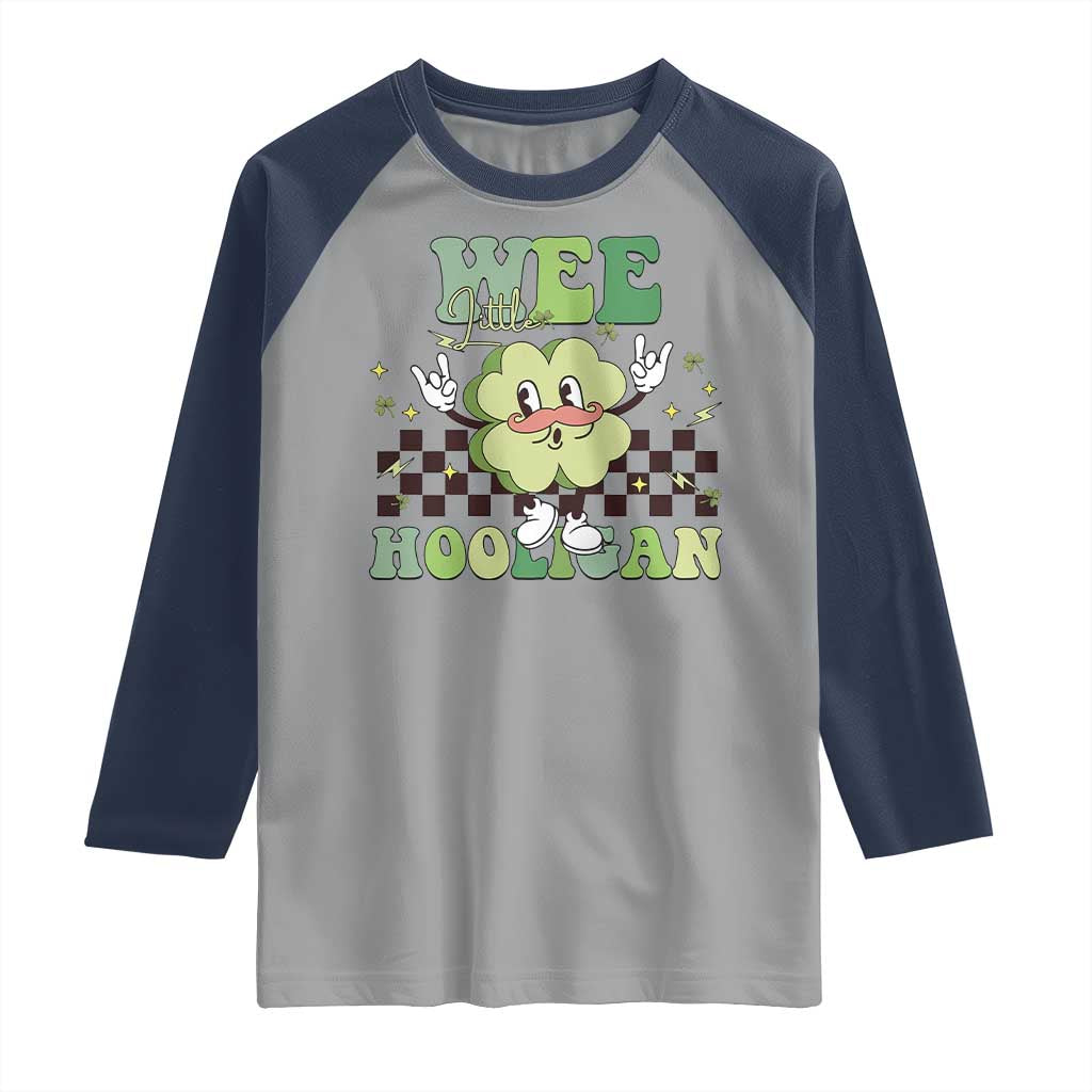 Funny St Patrick's Day Wee Little Hooligan Raglan Shirt Retro Groovy Clover TS11 Sport Gray Navy Print Your Wear