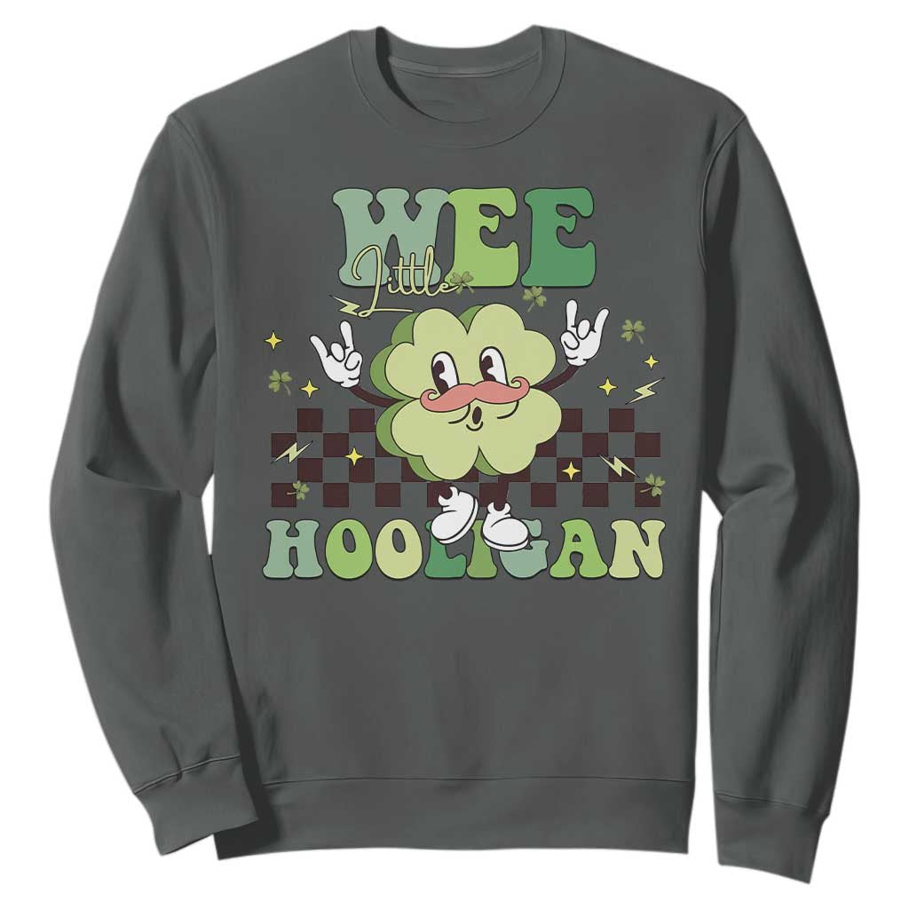 Funny St Patrick's Day Wee Little Hooligan Sweatshirt Retro Groovy Clover TS11 Dark Heather Print Your Wear