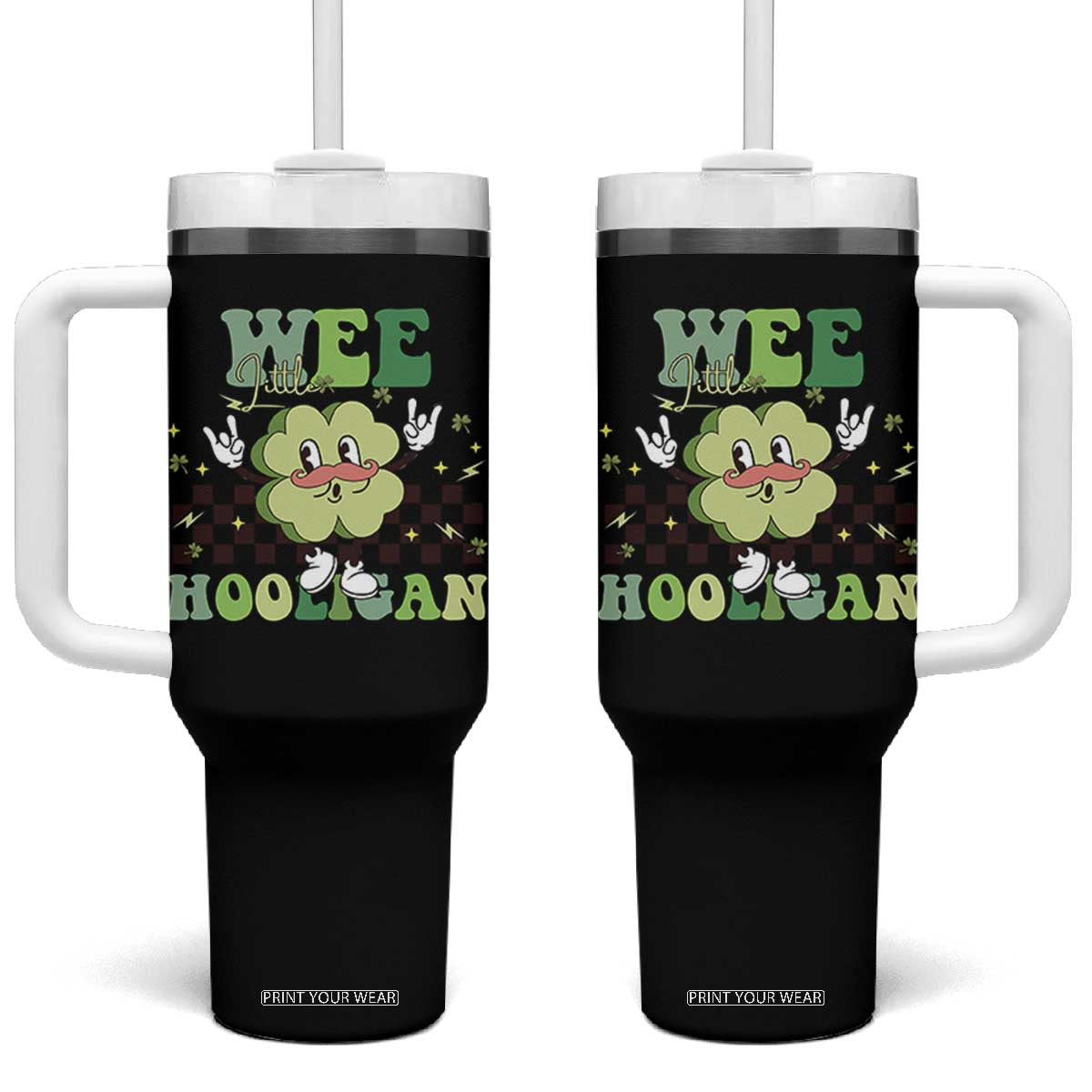 Funny St Patrick's Day Wee Little Hooligan Tumbler With Handle Retro Groovy Clover TS11 One Size: 40 oz Black Print Your Wear