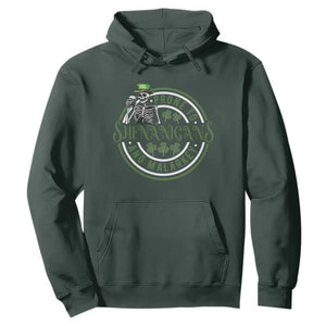 Funny Irish Prone To Shenanigans And Malarkey St Patrick's Day Hoodie Skeleton Beer Drinking TS11 Dark Forest Green Print Your Wear